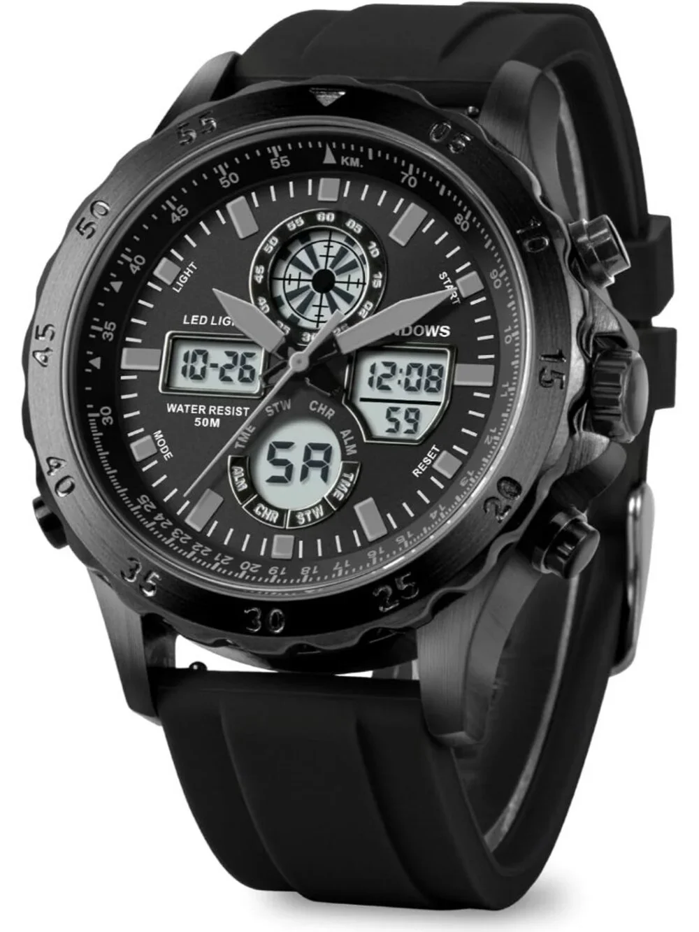 Men's All Black Analog Quartz Waterproof Military Multifunctional Digital Watch